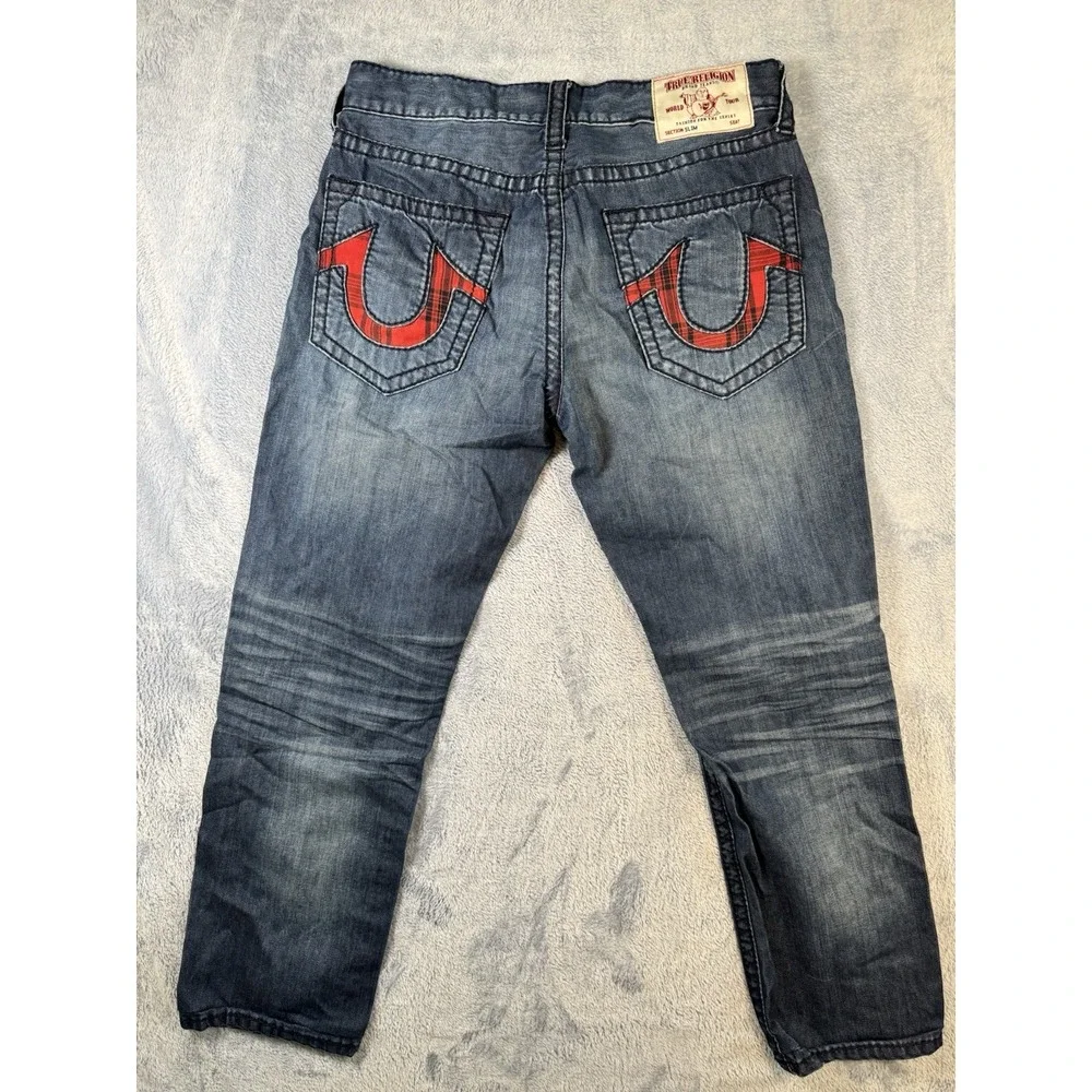 True Religion Slim Section Jeans Men Blue Plaid Horseshoe Pocket True 33x28